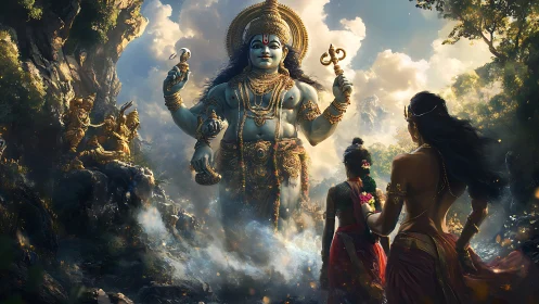 Colossal four-armed deity figure in ornate forest setting.