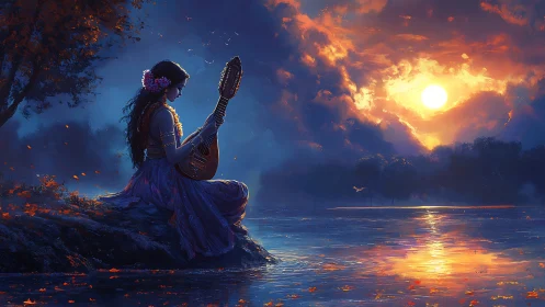 Woman holding stringed instrument sits by reflective lake at sunset