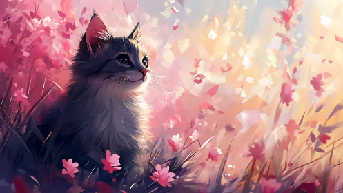Dark cat amid blooming flowers and petals. Serene.