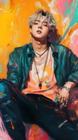 Neon rebel lounges in molten paint and electric swagger.