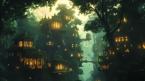 Luminous treehouse city suspended in dense misty forest.