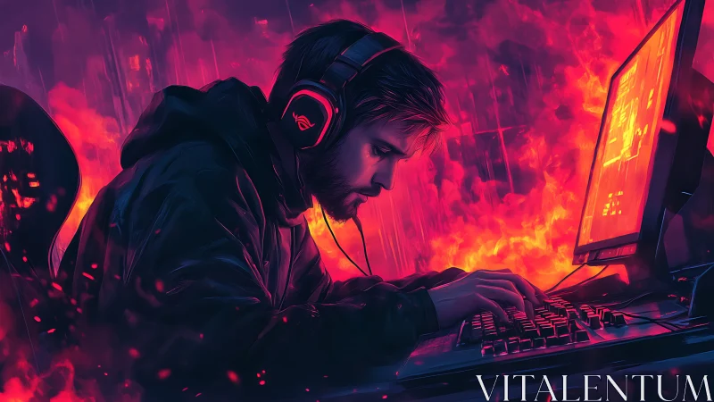 Focused gamer leans into monitor amid vivid fiery glow