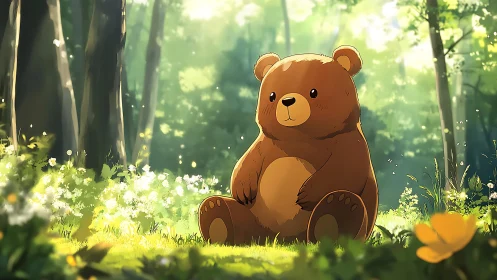 Cartoon bear sits in sunlit forest clearing during daytime