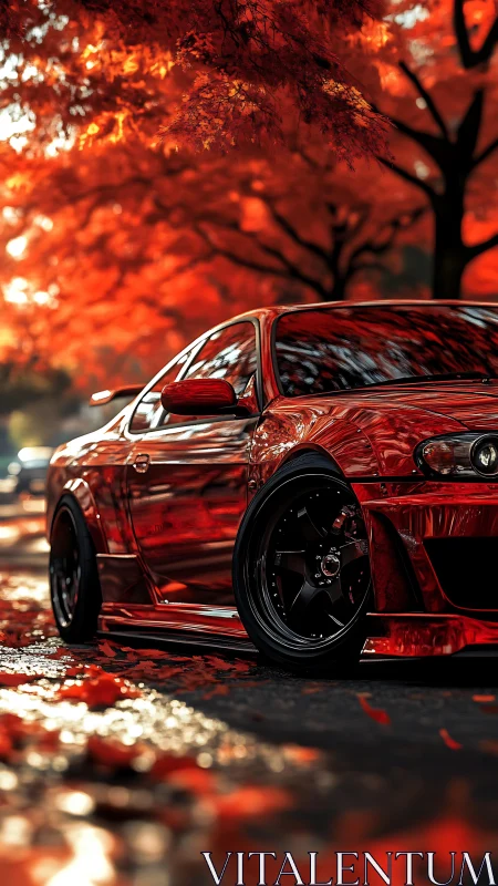 Lowered red coupe with gloss reflections under autumn foliage