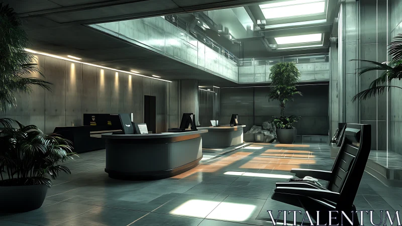 Futuristic corporate lobby with glass atrium and greenery.