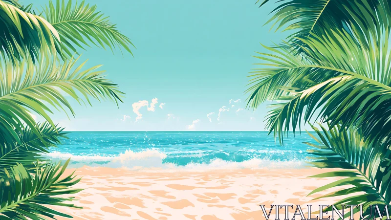 Tropical shoreline framed by vector-precise palm foliage.