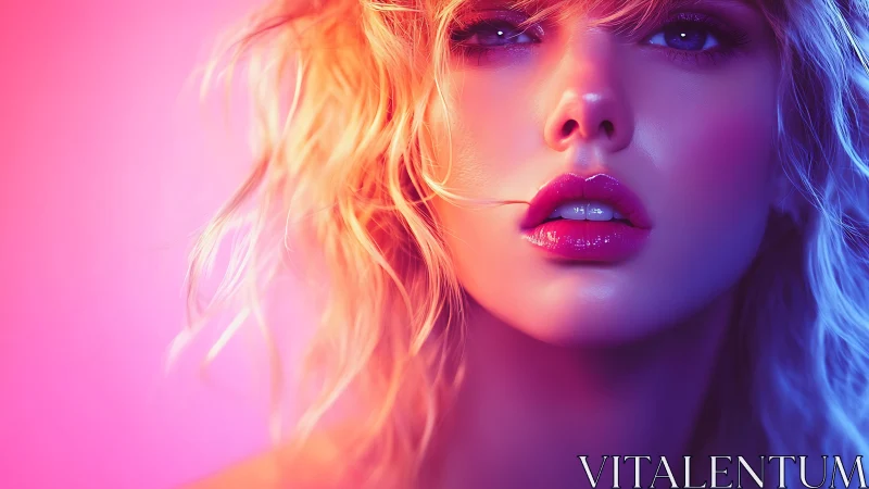 Close-up stylized portrait under pink and blue lighting.