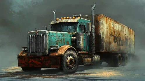 Heavily weathered semi-truck rendered with high-detail rust mapping