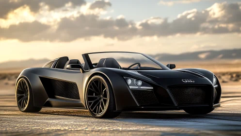 Low-angle view shows matte black Audi roadster on open flat