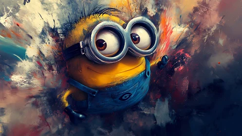 Yellow cartoon creature in goggles stands in abstract scene