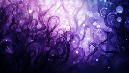 Curved purple filaments with light orbs on gradient field.