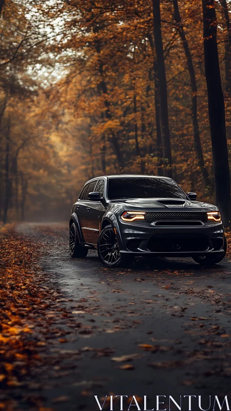 Black SUV parked on wet forest road in autumn light.