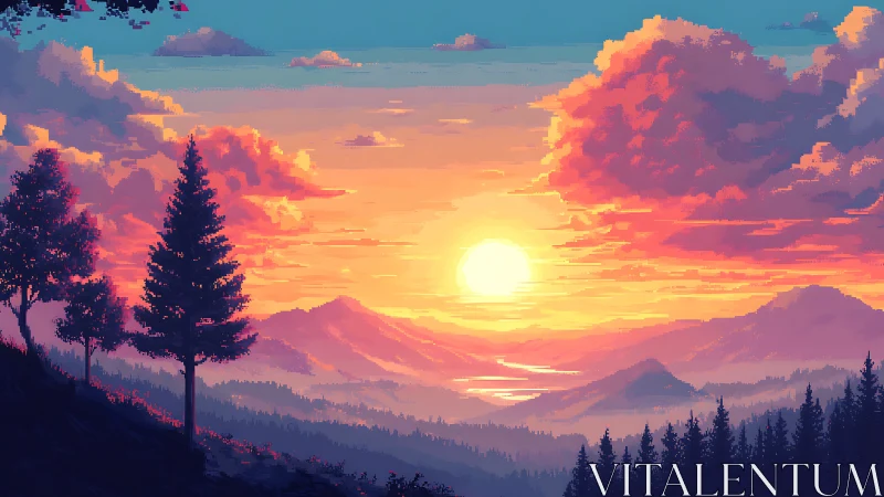 Pixel art sun descends over misty mountains and pine forests