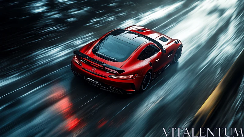 Red AMG sports car slices through rain-soaked highway night