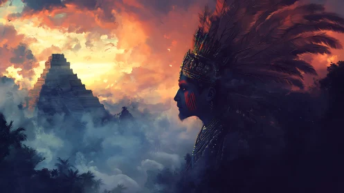Mesoamerican ruler silhouette contrasts with illuminated temple clouds
