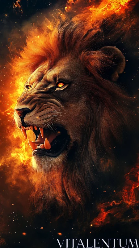 Side profile of roaring lion surrounded by digital flames.