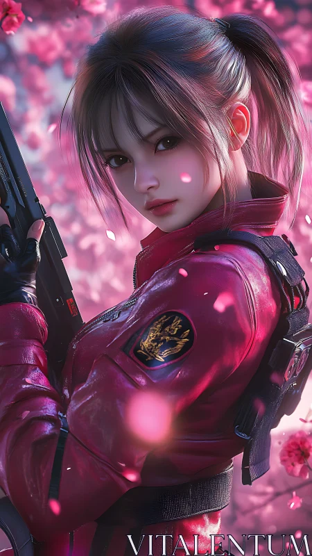 Armed anime heroine in red jacket amid falling blossoms.