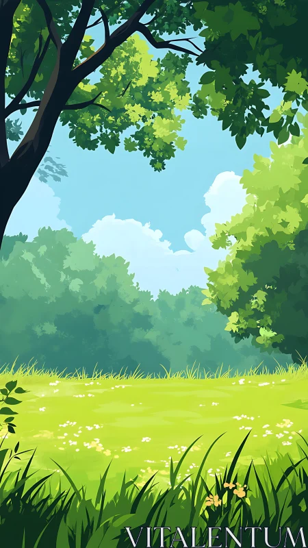 Sunlit Forest Clearing with Ancient Oak and Verdant Meadow.