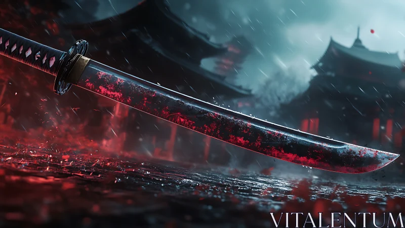 Crimson katana poised in rain over misty temple courtyard.