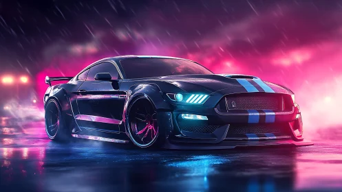 Low-angle view of sports coupe on wet neon street at night.