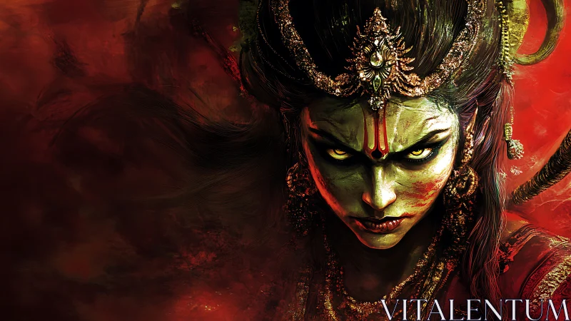 Fierce goddess avatar blazing through molten crimson storm.