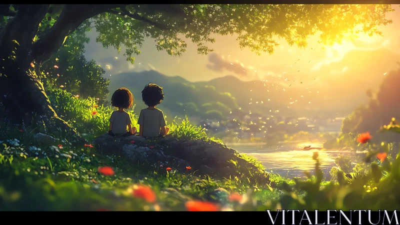 Sunlit childhood moment beside a glowing riverside meadow.