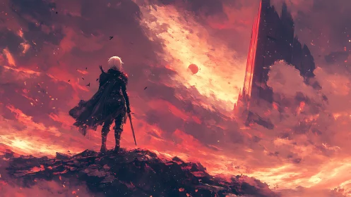 Cloaked swordsman overlooks burning sky and distant citadel