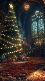 Gothic hall Christmas tree illuminated by stained glass light