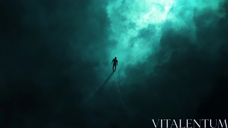 Silhouetted figure walks a luminous tightrope through teal clouds