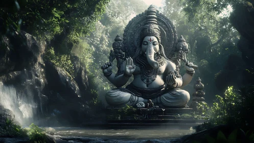 Forest-shrouded Ganesh guardian holding stillness and storms.