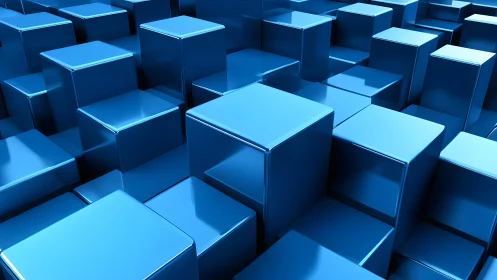 Chrome blue cubes rising in a shimmering geometric skyline.