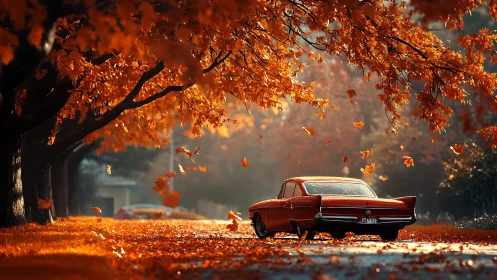 Classic red car waits under glowing autumn maple canopy