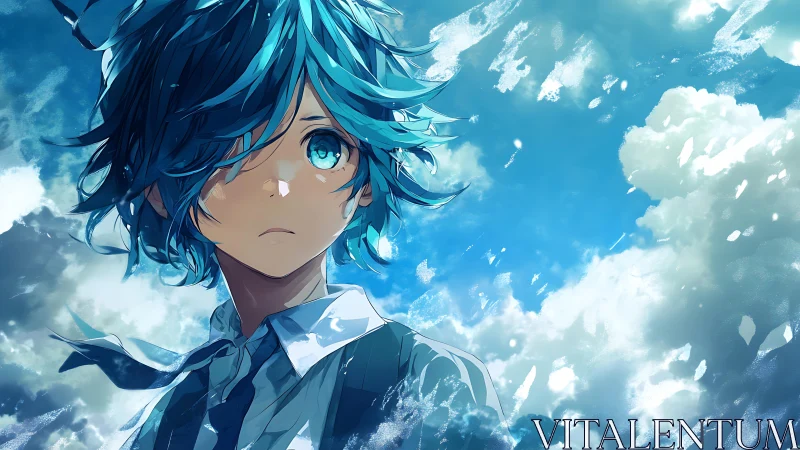 Blue haired anime youth in windswept cloudscape under sky