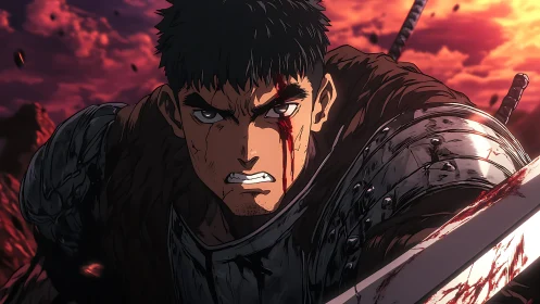 Bloodied armored warrior charges under burning red sky