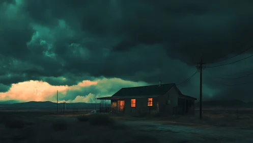 Storm-lit desert house contrasts warm windows with brooding sky