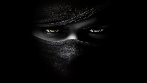 Shadow-cloaked eyes gleam like daggers in velvet night.