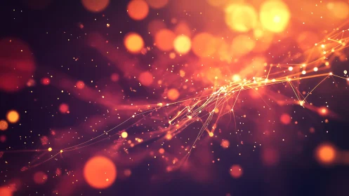 Abstract glowing orange bokeh lights with digital network lines.