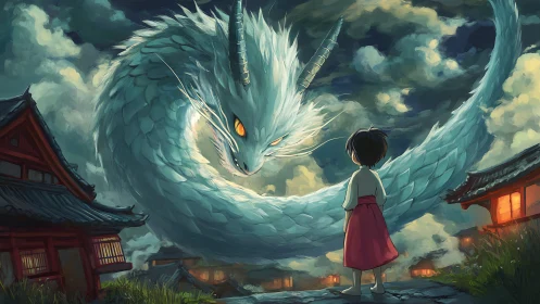 Stormlit dragon coils above child in luminous village sky.