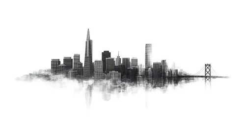 Monochrome city skyline with bridge and mist reflection.