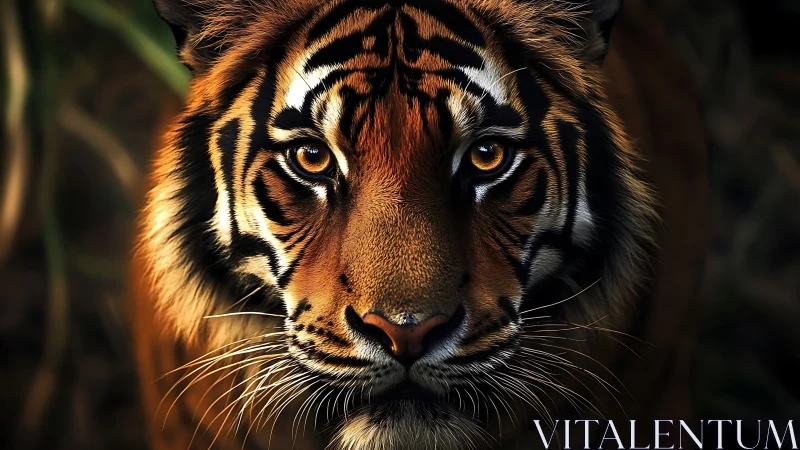 Golden-eyed tiger gazes calmly forward in rich jungle light