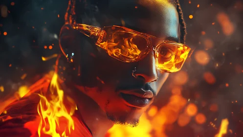 Portrait with Amber-Tinted Eyewear and Flame Lighting Effect