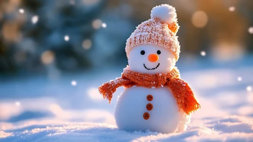 Smiling snowman in orange knitwear brightens a snowy morning.