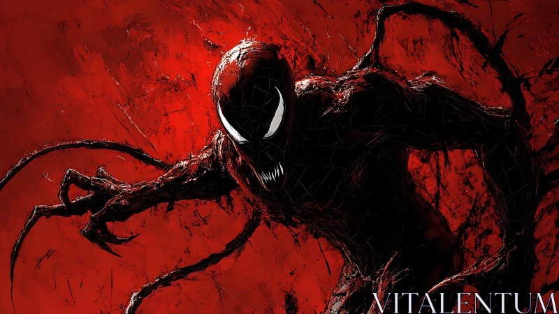 Digital painting of feral symbiote against scarlet abstract ground.