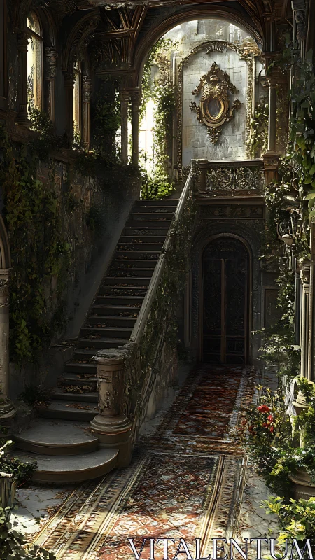 Digital painting of overgrown baroque staircase and corridor interior.