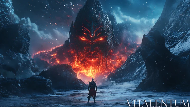 Lone hero meets a molten mountain god in a frozen realm.