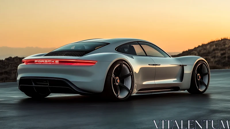 Futuristic white Porsche concept under warm sunset sky.