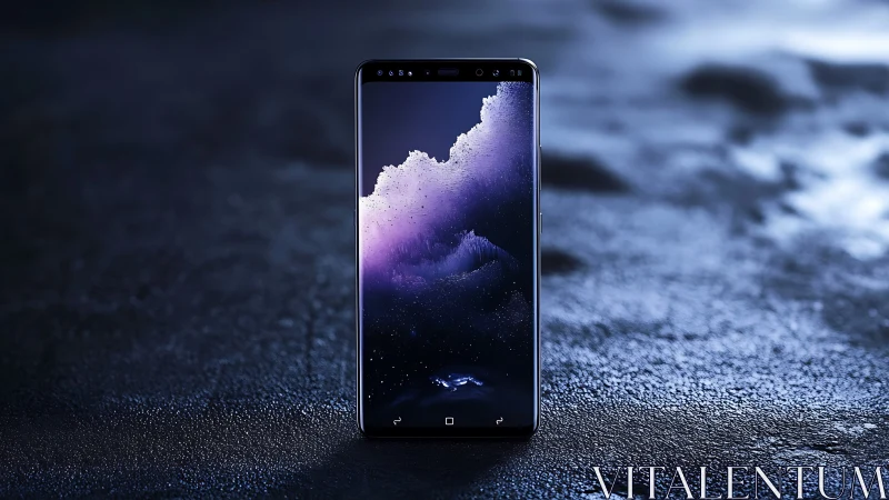 Smartphone displays cosmic cloud landscape.