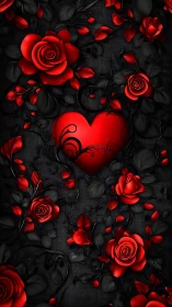 Three-Dimensional Red Roses and Heart with Decorative Spiral Elements on Textured Black Background