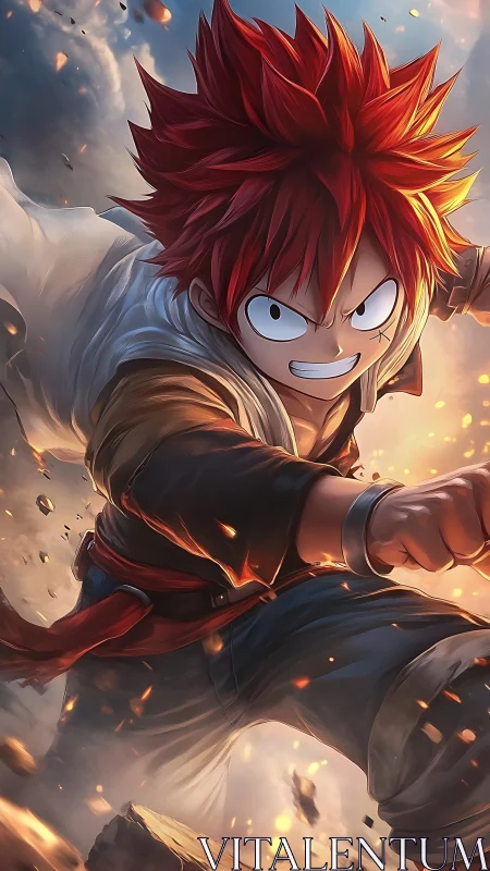 Red‑haired anime fighter advances through debris and light