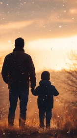 Father and child standing in glowing sunset snowfall scene.